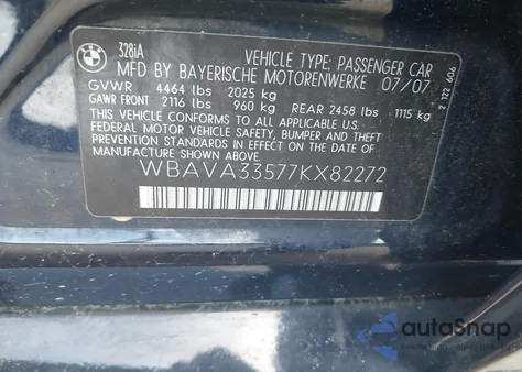 2007 BMW 328I from USA, damaged, VIN WBAVA33577KX82272